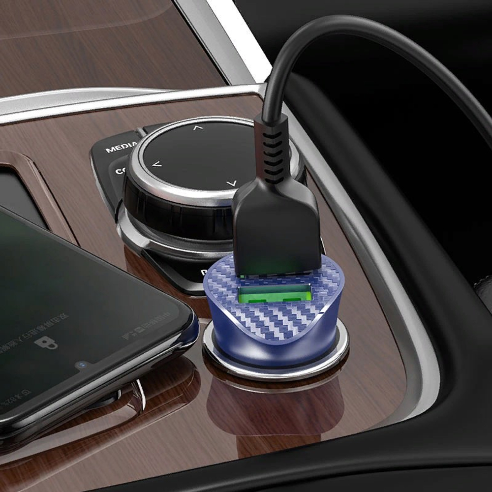 Разделитель автомобильный Hoco Z39 Farsighted dual port QC3.0 Car charger с кабелем Type-C (2USB: 3.6V-6.5V &amp; 3A 18W) Синий