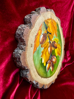 Веточка дуба - картина маслом на срезе дуба с корой | Художница Ефимова Ольга