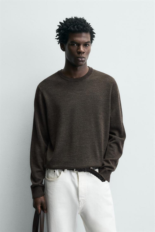 ZARA ШЕРСТЯНОЙ СВИТЕР КЛАССИЧЕСКОГО КРОЯ, КОРИЧНЕВЫЙ МЕЛАНЖ