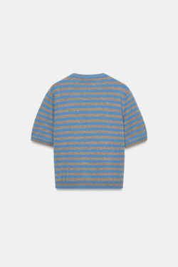 ZARA СВИТЕР ИЗ 100% ШЕРСТИ С КОРОТКИМИ РУКАВАМИ В ПОЛОСКУ, СЕРЫЙ/СИНИЙ