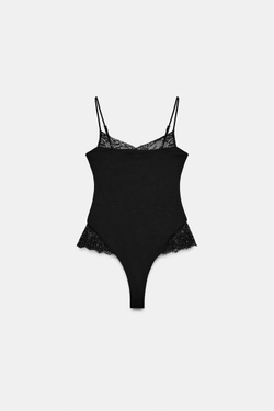 ZARA КРУЖЕВНОЕ БОДИ ИЗ ПОЛИАМИДА, ЧЕРНЫЙ