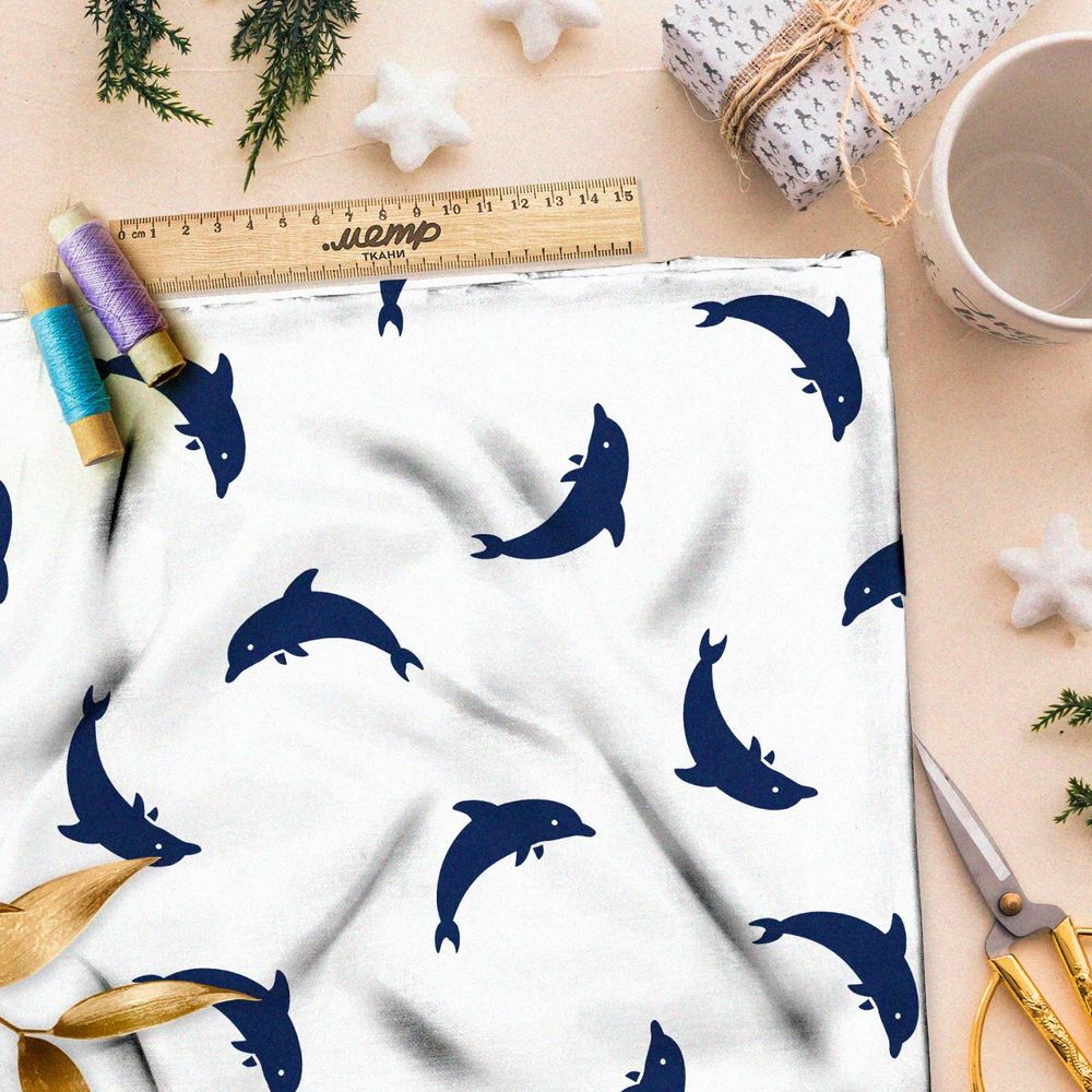 Ткань премиум мембрана синие дельфины на белом