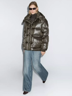 Massimo Dutti Короткая непромокаемая стеганая куртка с капюшоном, бутылочный