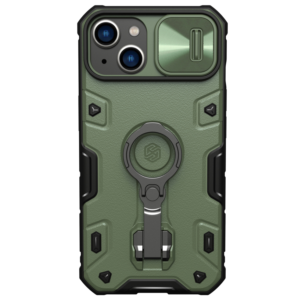 Чехол зеленого цвета (Dark Green) для iPhone 14 и 13 от Nillkin серия CamShield Armor Pro, с металлическим поворотным кольцом и защитной шторкой для камеры