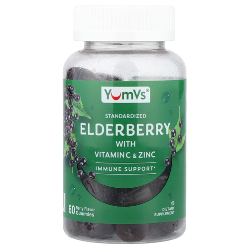 YumVs, жевательные таблетки с бузиной, витамином C и цинком, со вкусом ягод, 60 жевательных таблеток