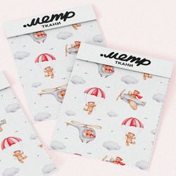 Ткань сатин мишки на самолёте и парашюте