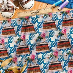 Ткань муслин яркие розы в горшке с мозаикой