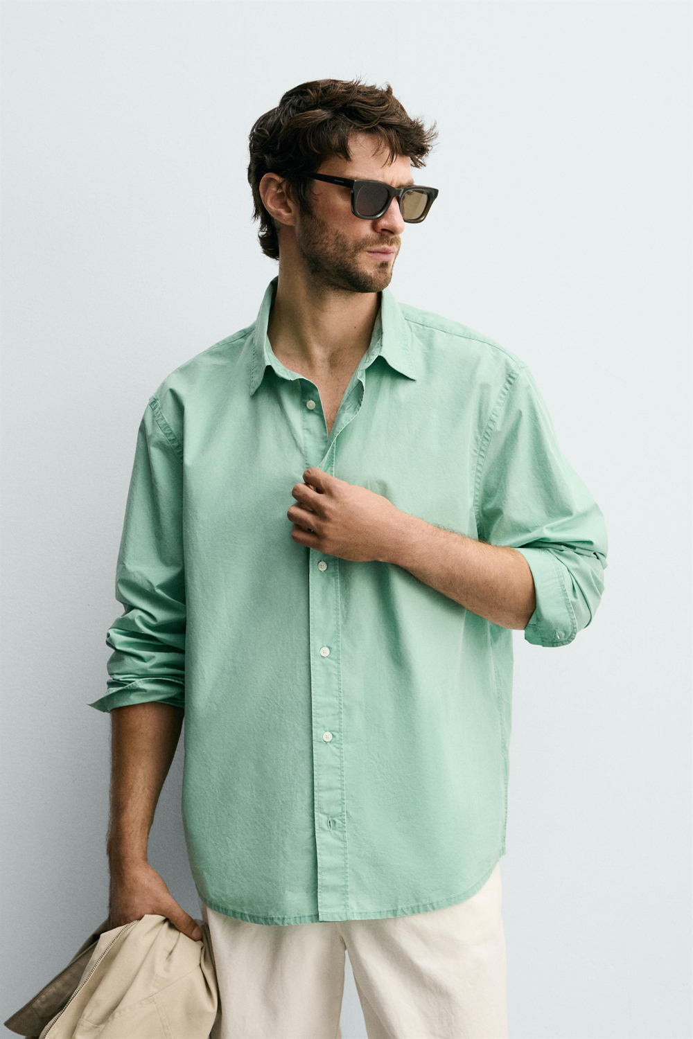 ZARА РУБАШКА REGULAR FIT С ЭФФЕКТОМ ПОТЕРТОСТИ, ЛИНЯЛЫЙ ЗЕЛЕНЫЙ