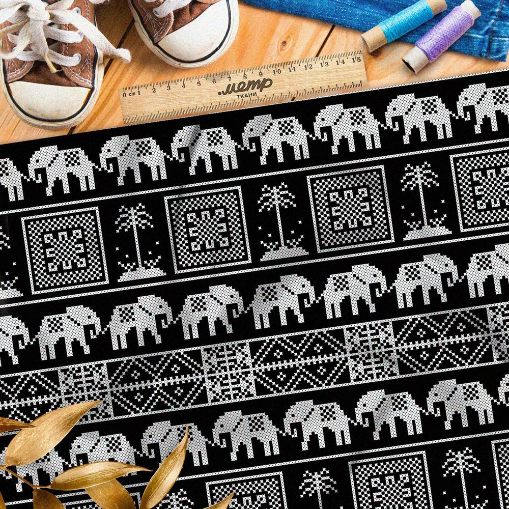 Ткань оксфорд 600 африканский белый пиксельный узор на чёрном фоне