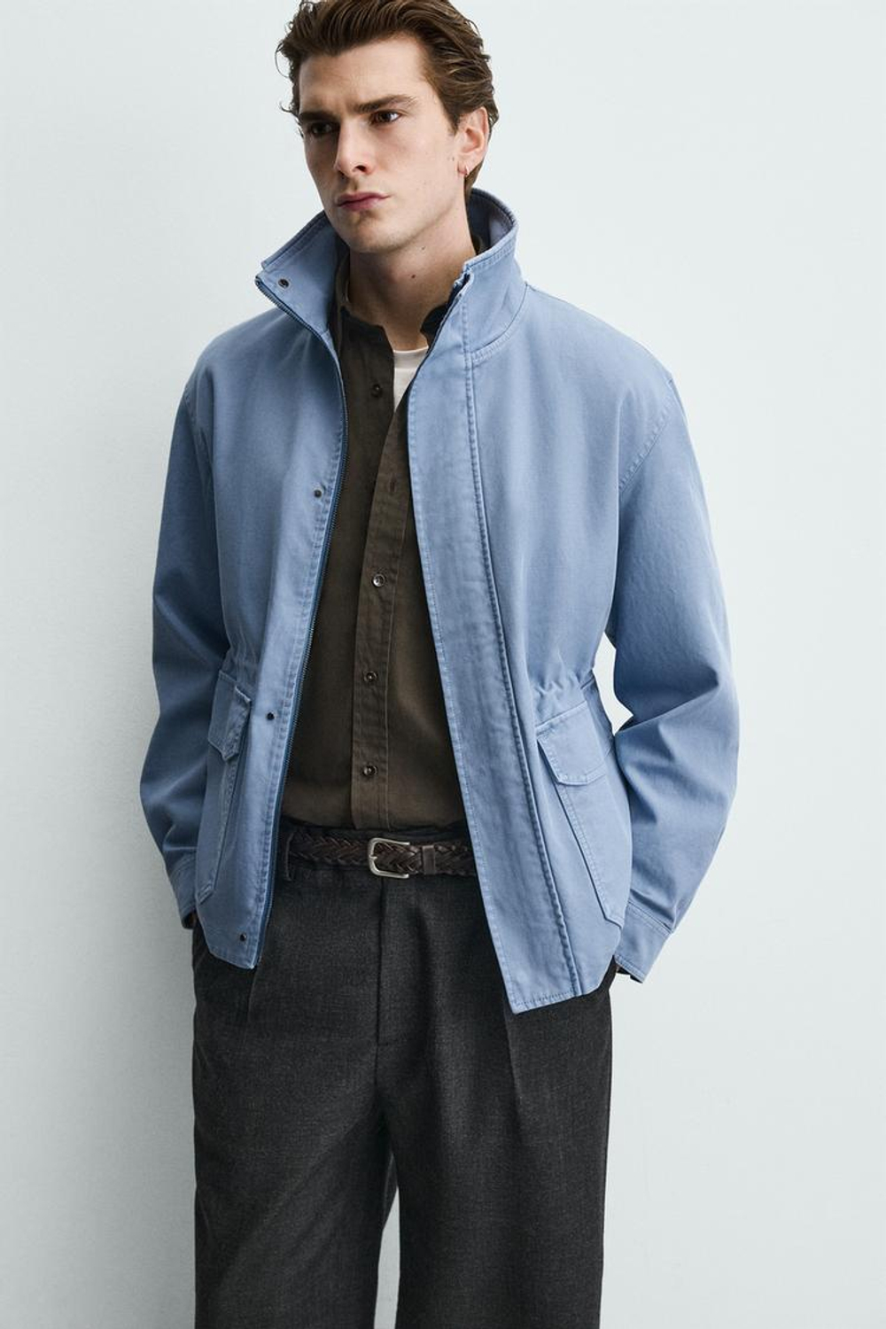 ZARA КУРТКА REGULAR FIT ИЗ ВЫСТИРАННОГО ХЛОПКА, ГОЛУБОЙ