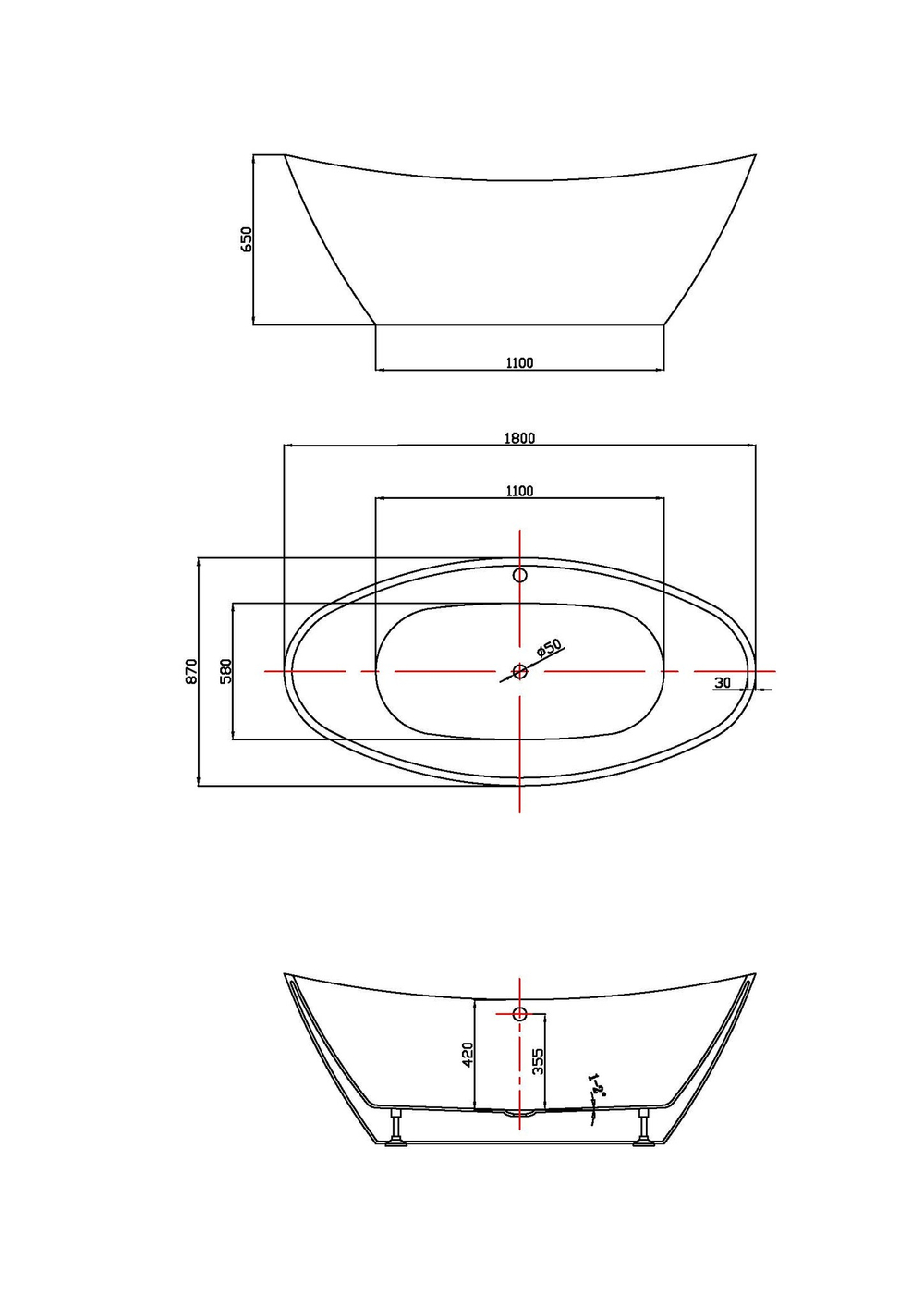 Ванна акриловая Vincea VBT-203, 1800*850*650, цвет белый, щелевой перелив, , шт