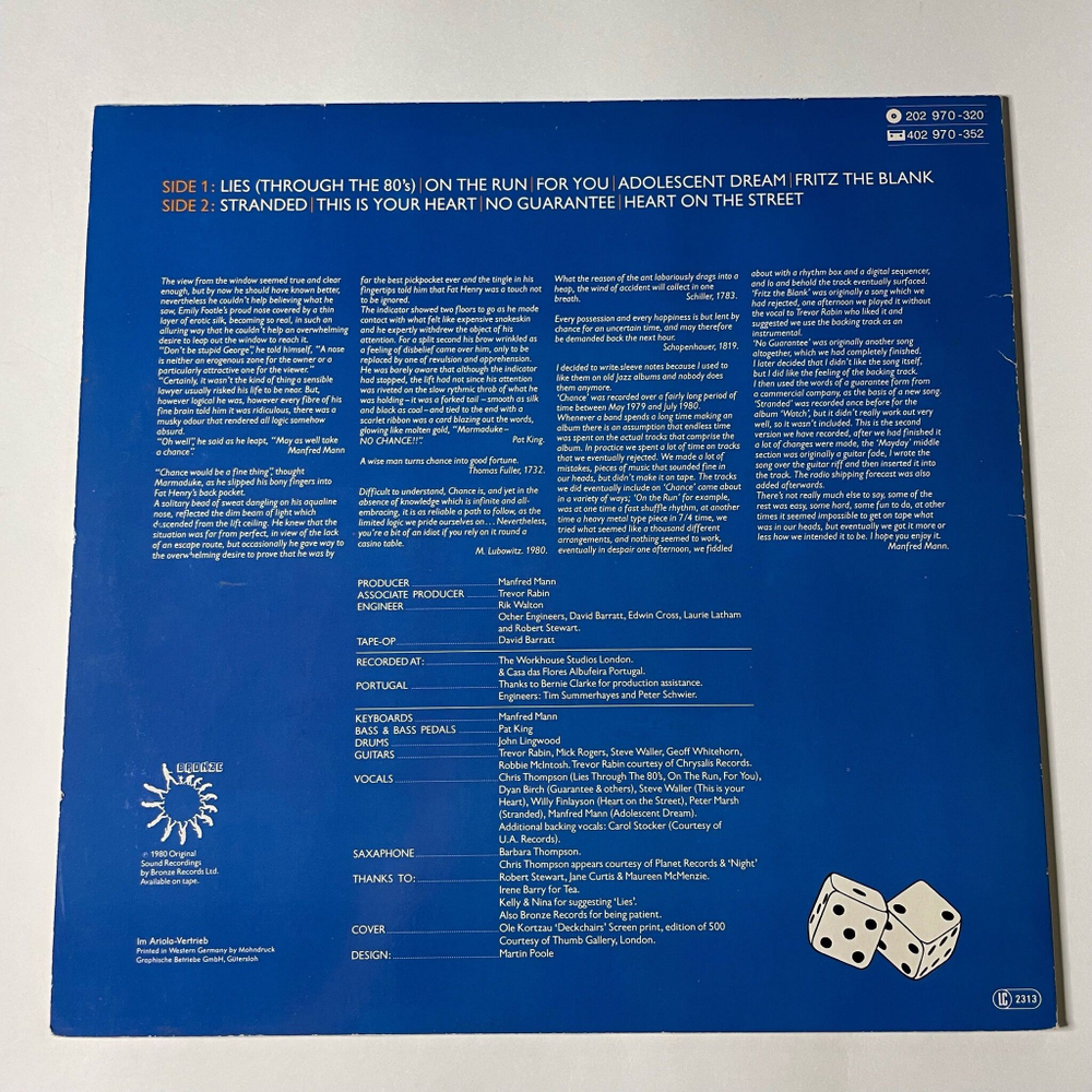 Винтажная виниловая пластинка LP Manfred Mann's Earth Band Chance (Germany 1980)