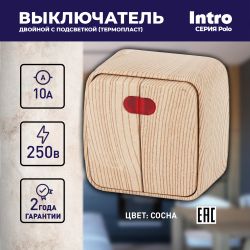 3-105-11 Intro Выключатель двойной с подсветкой, 10А-250В, IP20, ОУ, Polo, сосна