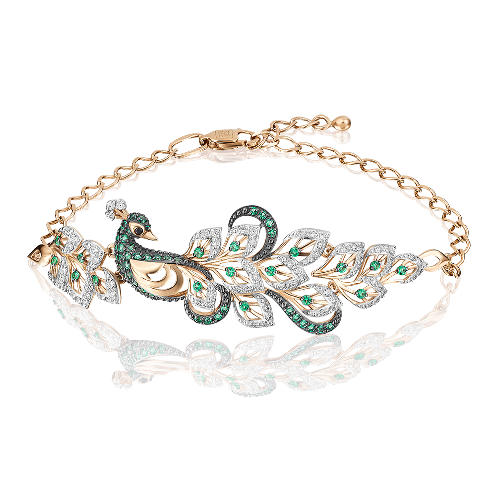 Браслет «Павлин» из красного золота с фианитами