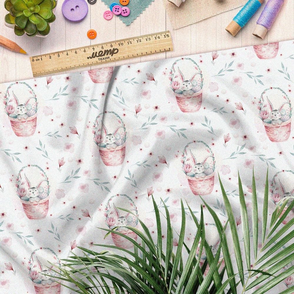 Ткань сатин зайцы в корзине