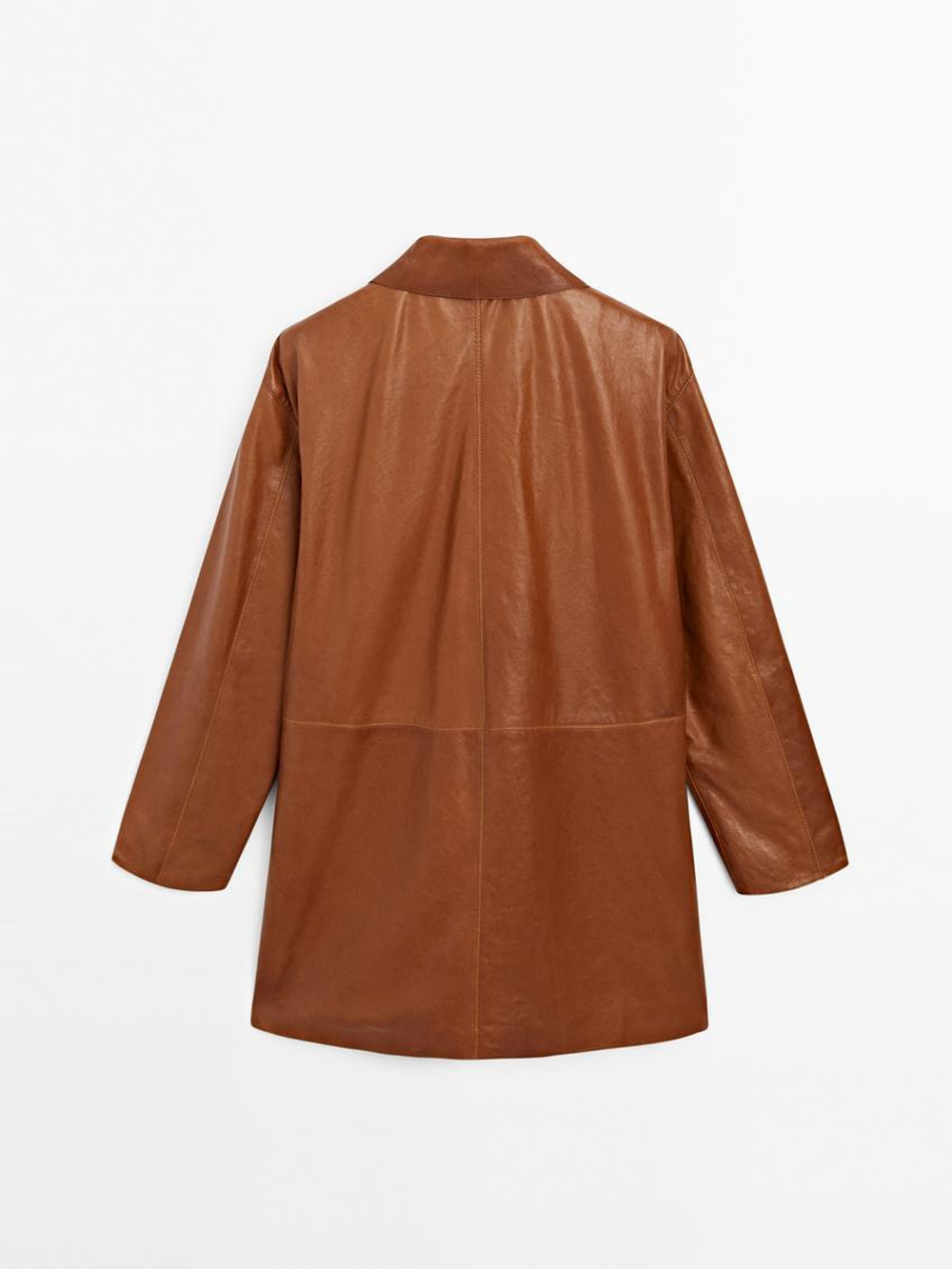 Massimo Dutti Длинное пальто из кожи наппа, цвет верблюжьей шерсти