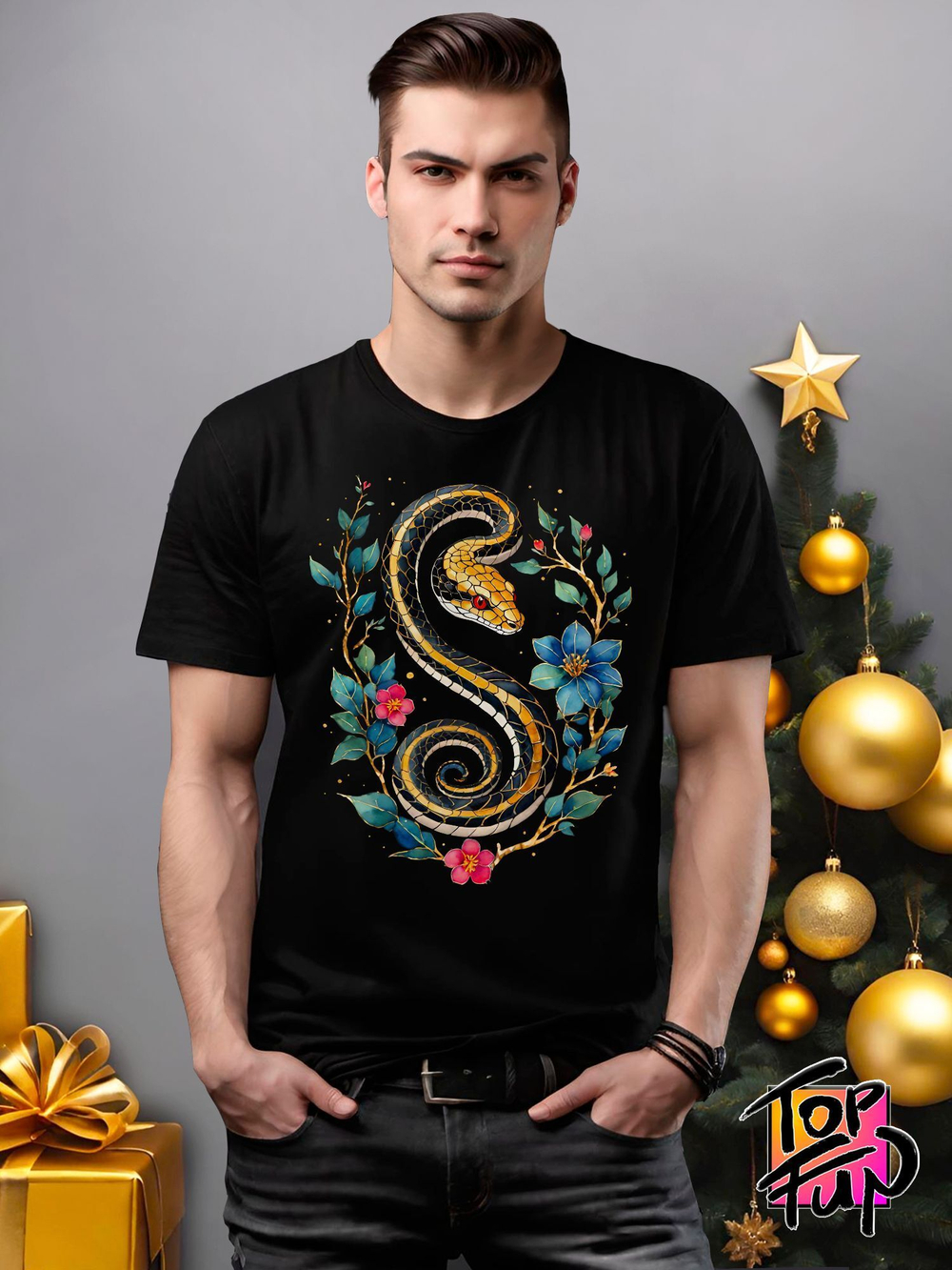 Футболка черная змея в золоте