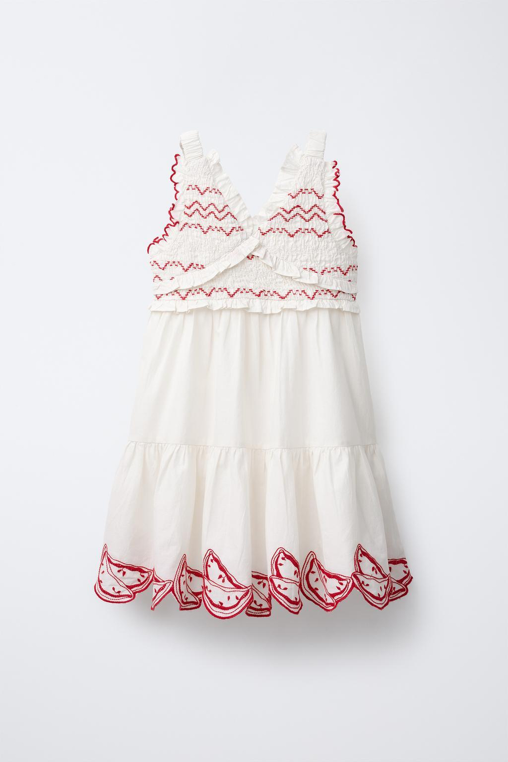 ZARA ПЛАТЬЕ С ВЫШИВКОЙ «АРБУЗ», ЭКРЮ/КРАСНЫЙ