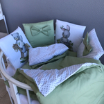 Комплект в кроватку 18 предметов "Мишка на качелях" зеленый, сатин