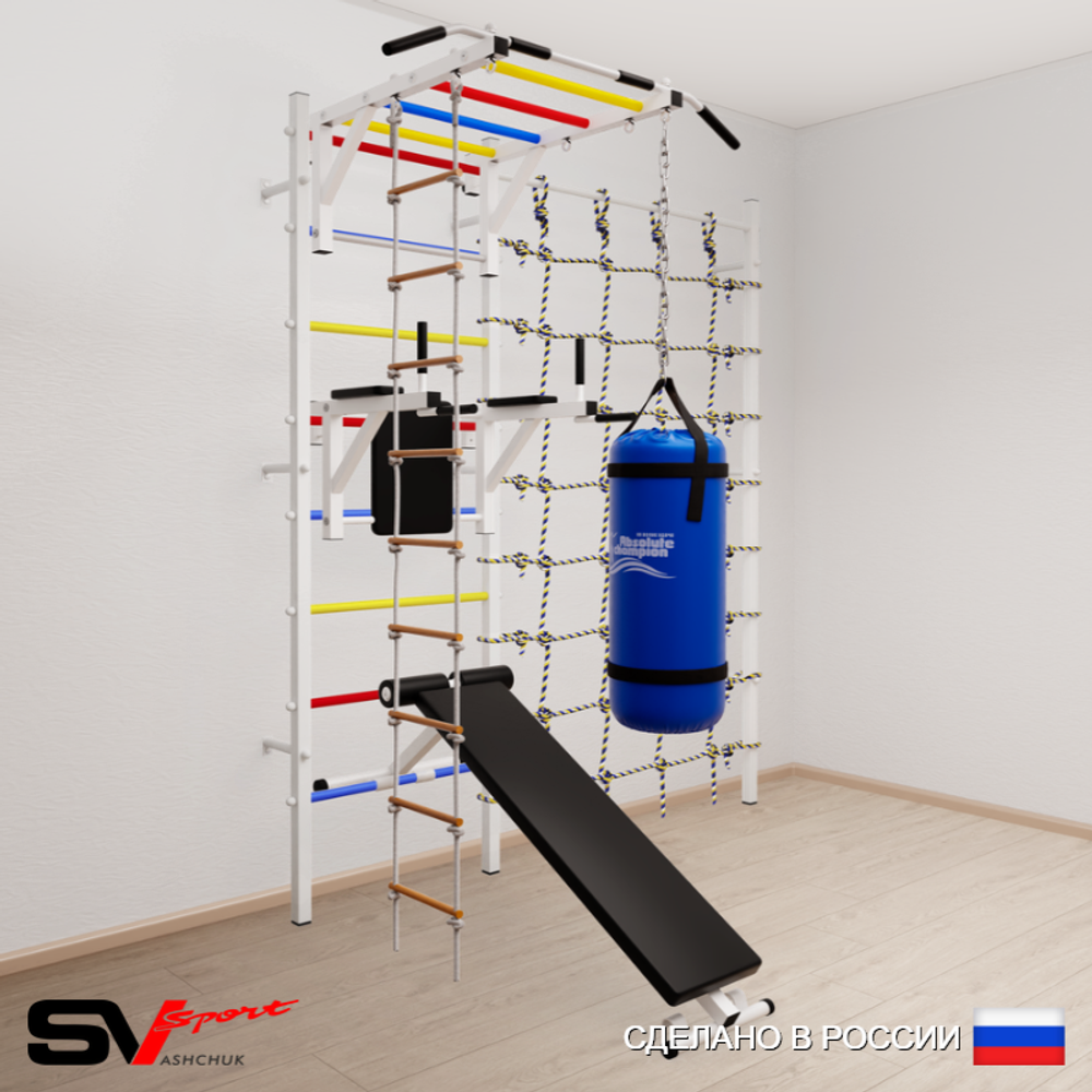 Шведская стенка Sv Sport 55230 (Турник рукоход/Брусья/Скамья/Лестница/Цепь/Мешок 30кг/Канатный лаз)