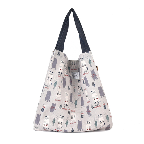 Сумка-шоппер большая с 2 отсеками на кнопке-магните, "NEKOMARUKE", серый шелк, 23-6520-1, KUSUGURU