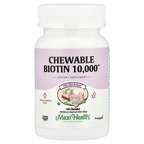 Maxi Health, Жевательные таблетки с биотином 10 000 ™, натуральная клубника, 10 000 мкг, 100 жевательных таблеток