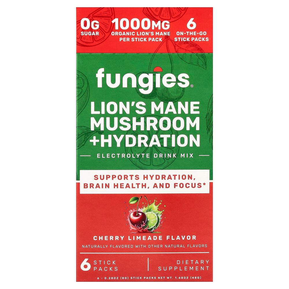 Fungies, ежовик гребенчатый, гриб, гидратация, смесь для приготовления электролитического напитка, вишневый лаймад, 6 пакетиков по 8 г (0,28 унции)
