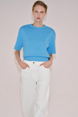 ZARA ТРИКОТАЖНЫЙ ТОП С ПОДПЛЕЧНИКАМИ, СИНИЙ