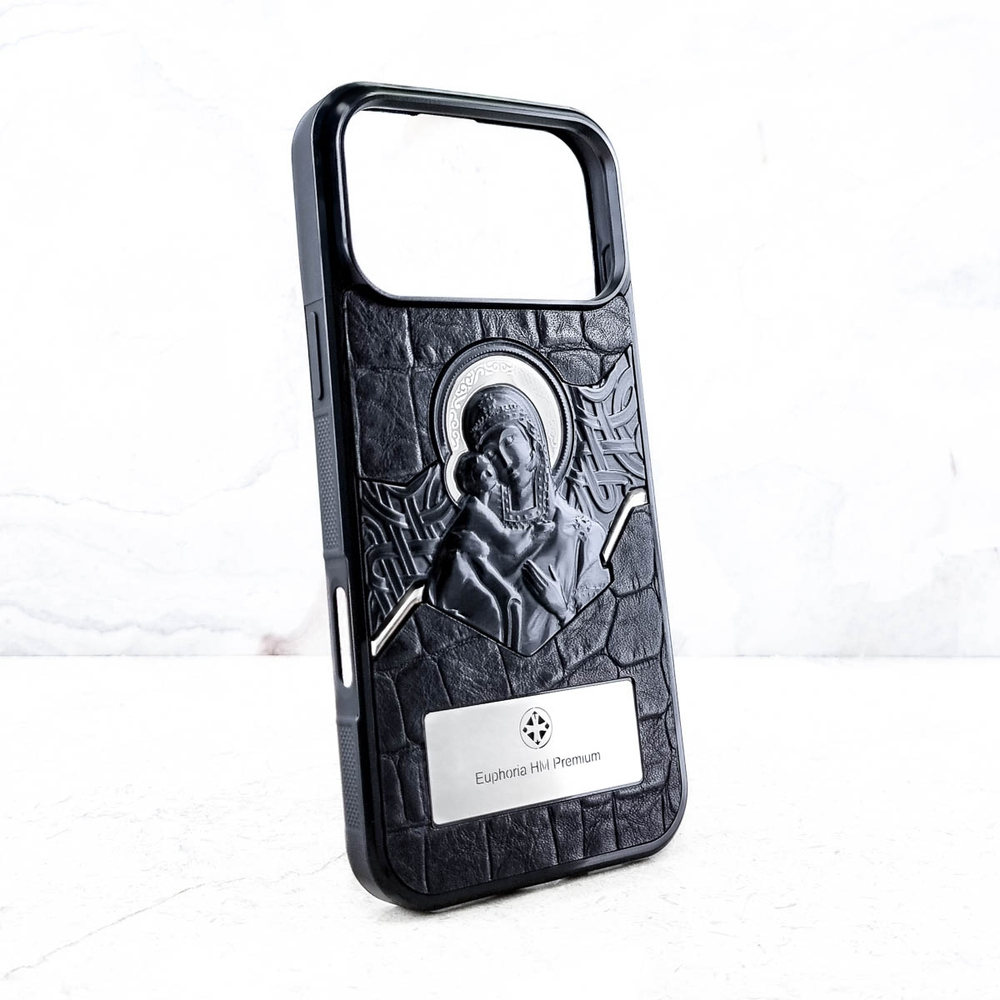Дорогой чехол для iPhone из натуральной кожи Euphoria HM Premium аксессуар из Православной коллекции с изображением Пресвятой Богородицы