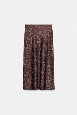 ZARA АТЛАСНАЯ ЮБКА МИДИ, КОРИЧНЕВЫЙ/СИНИЙ