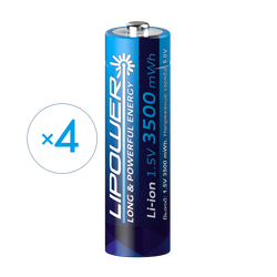 Аккумулятор LIPOWER AA, Li-Ion, 1.5V, 3500 mWh, 4 шт., перезаряжаемые (Зарядное устройство в комплекте)