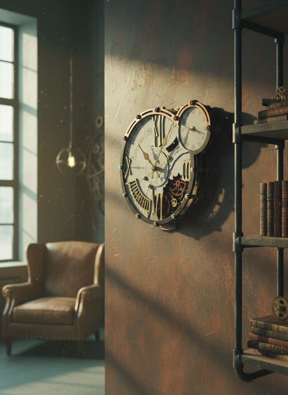 Интерьер в стиле лофт с настенными часами WOODandROOT Automaton 1789 Hermitage на бетонной стене рядом с креслом и полками