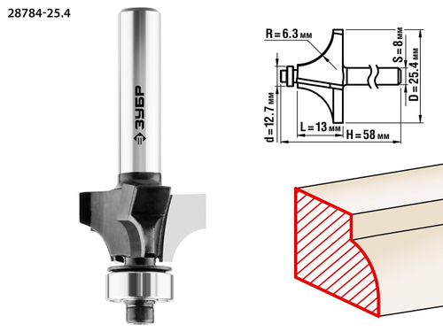 ЗУБР 25.4x13мм, радиус 6.3мм, фреза кромочная калевочная №1