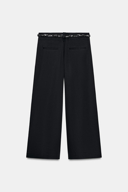 ZARA БРЮКИ ИЗ ПОПЛИНА С ПОЯСОМ-ПЛАТКОМ, МОРСКОЙ СИНИЙ