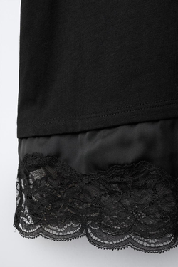 ZARA КОМБИНИРОВАННАЯ ФУТБОЛКА С КРУЖЕВОМ, ЧЕРНЫЙ