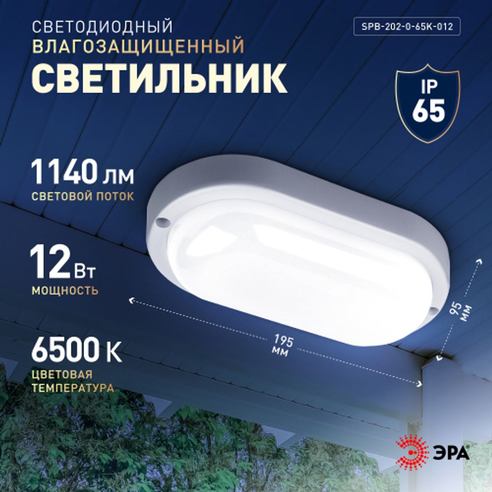 Светильник ЖКХ светодиодный ЭРА SPB-202-0-65K-012 IP65 12Вт 1140Лм 6500К 195x95x37 овал | Светильники для ЖКХ IP65