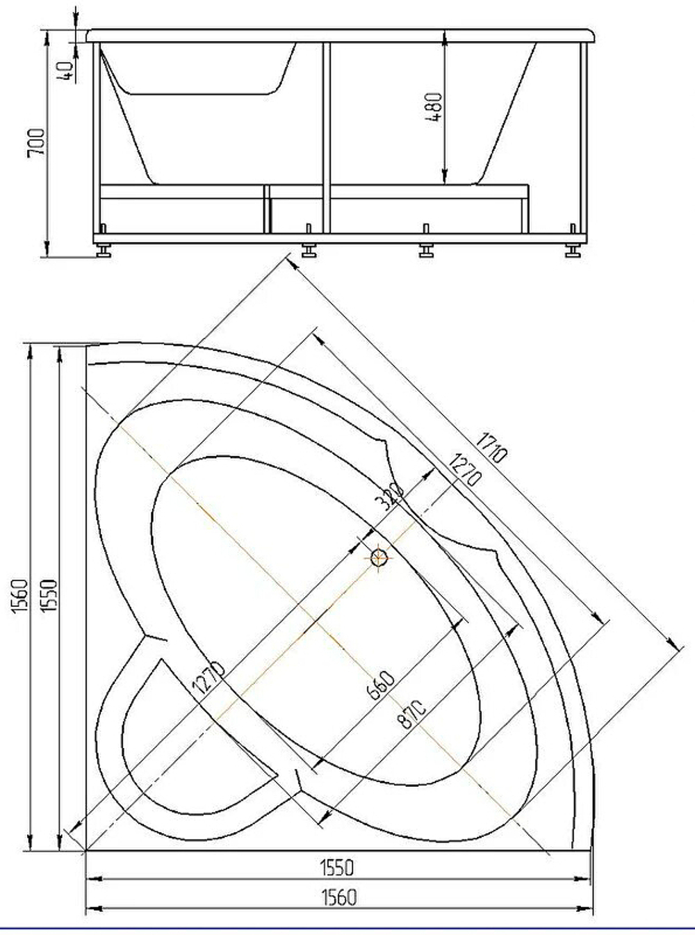 Акриловая ванна Aquatek (Акватек) Поларис-2 155х155, с каркасом, с фронтальной панелью, со сливом-переливом