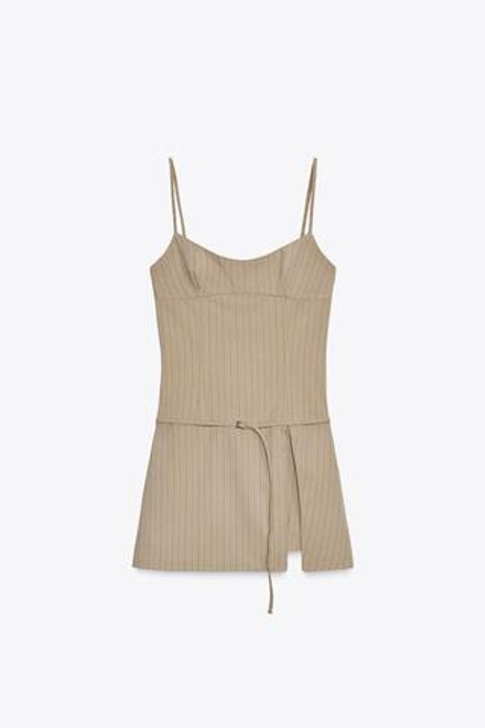 ZARA КОРОТКИЙ ПОЛОСАТЫЙ КОМБИНЕЗОН С ПОЯСОМ, РЫЖЕВАТО-КОРИЧНЕВЫЙ