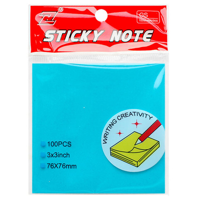 Клейкие листики "Sticky" 76 х 76 мм, неон-голубой, 100 листов
