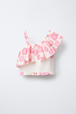 ZARA ТОП АСИММЕТРИЧНОГО КРОЯ С ЦВЕТОЧНЫМ ПРИНТОМ И ВОЛАНОМ, РОЗОВЫЙ