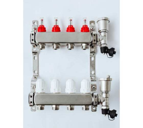 Коллекторная группа Grosseto с расходомерами 1"x¾" 4 выхода, нержавеющая сталь 10 бар универсальный кронштейн, автоматический воздухоотводчик