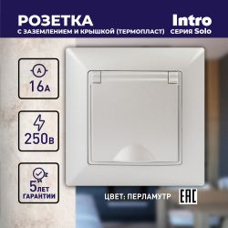 Розетка Intro Solo 4-203-06 с заземлением 2P+E Schuko с крышкой, 16А-250В, IP20, СУ, перламутр