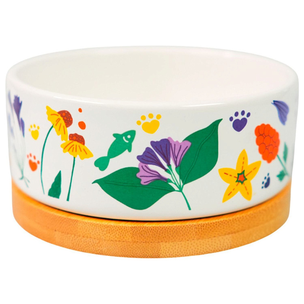 Миска Mr.Kranch Bamboo 340 мл Цветы Прованса керамическая на бамбуковой подставке васильковая