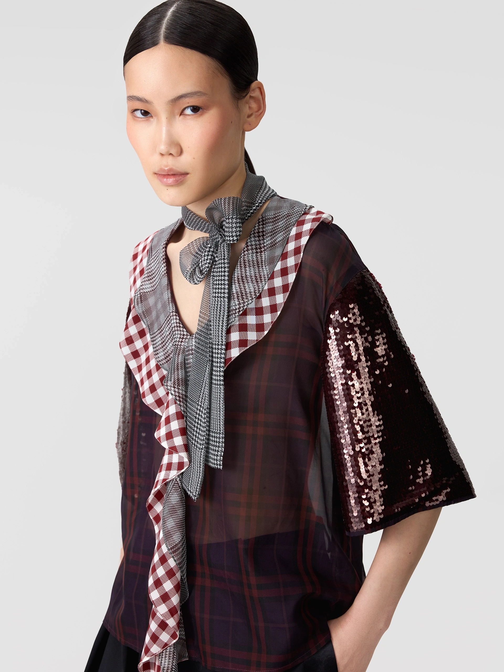 Блуза с воланами из микса клетчатых тканей OLA OLA