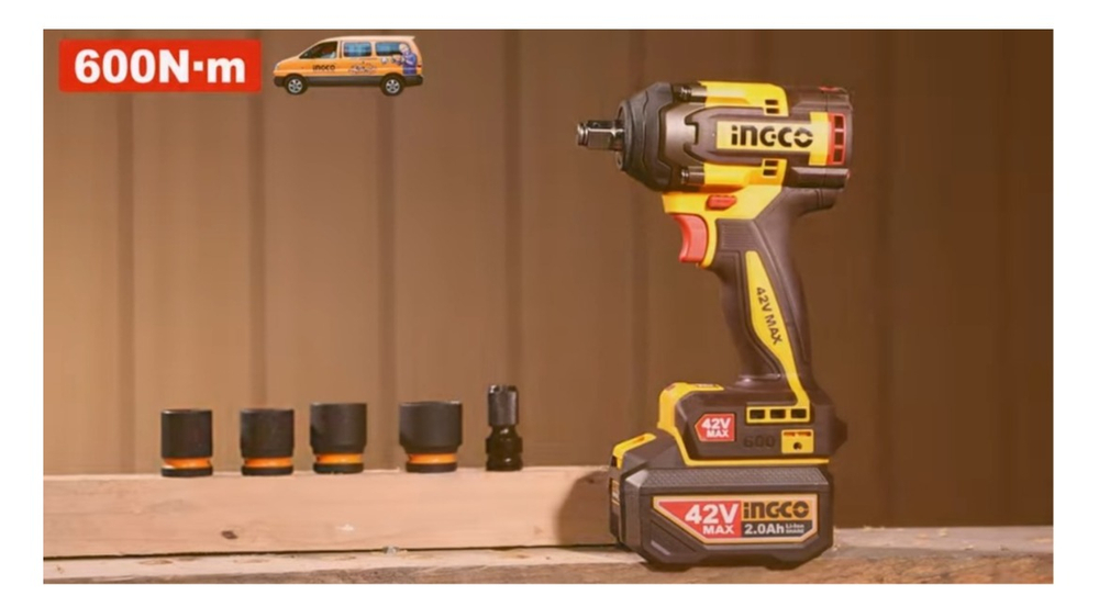 Аккумуляторный бесщеточный ударный гайковерт INGCO CIWLI42602 INDUSTRIAL 42 В 1/2" 600 Нм
