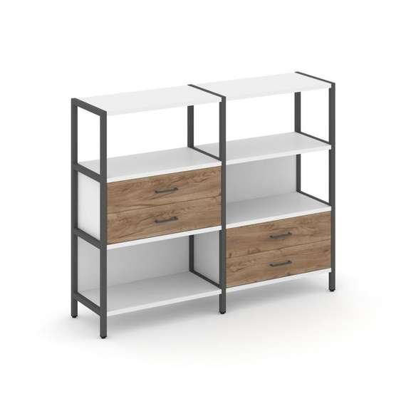 Shelf System Двухсекционный стеллаж трехярусный с ящиками SN.STM-323 Белый/Дуб Табак/Металл Антрацит