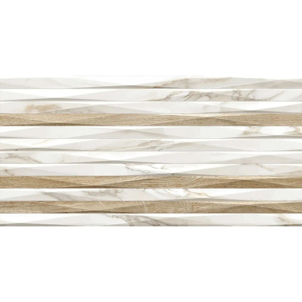 Настенная плитка Alma Ceramica TWU2550JNY14 Janey 24.9x50 белая / бежевая глянцевая / рельефная под мрамор / под дерево / полосы