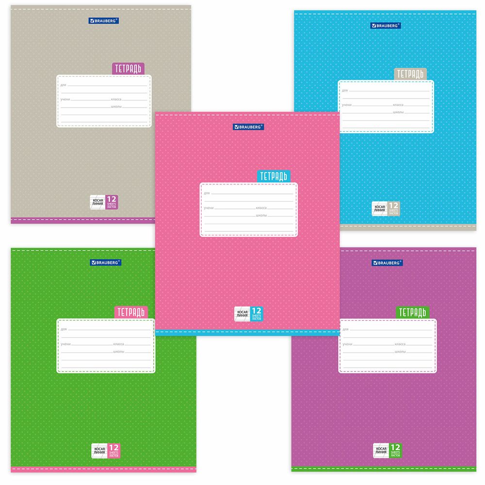 Тетрадь 12 л. BRAUBERG, косая линия, обложка картон, ТОЧКИ, 103033, 5шт