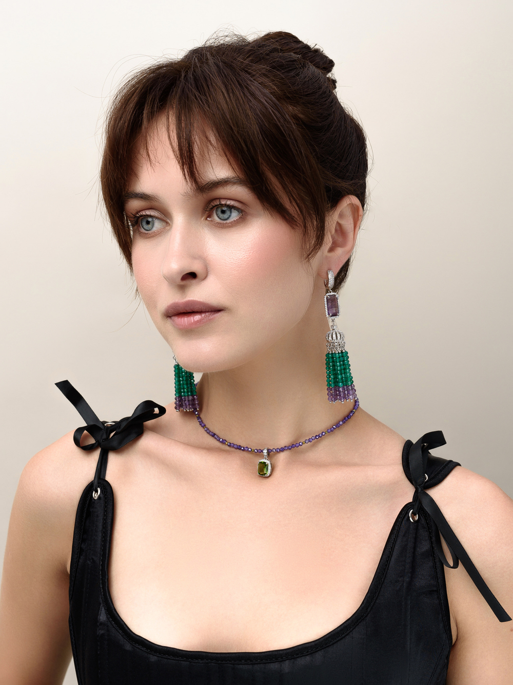 Серьги "Queen" из зеленого агата и аметиста Silver