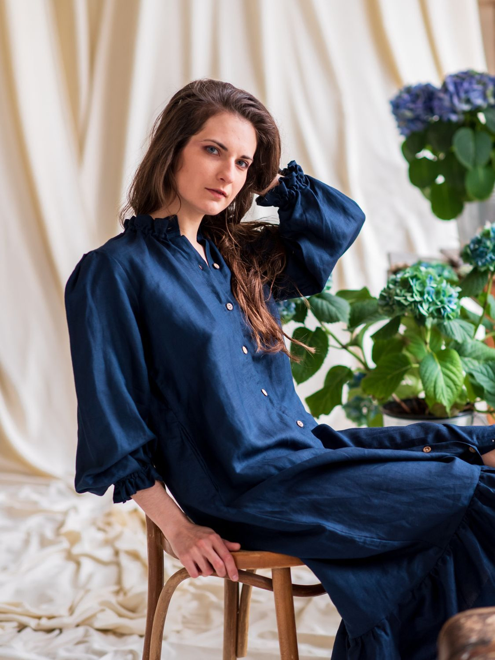 Льняное бохо платье (темно-синий)